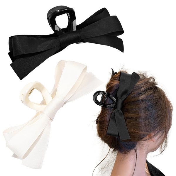 Satin Bow Claw Clip for Women Girls, 2 Pcs Bow-knot Hair Claw Clip Stylish Strong Hold Hair Claw Barrette for Thick Thin Hair Casual Formal Wear (Black and White)