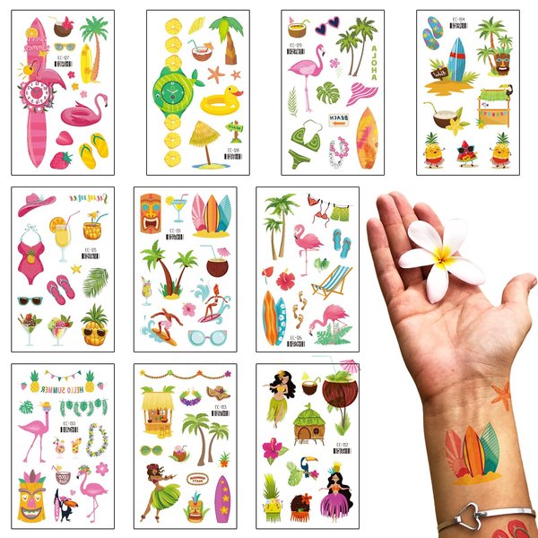 10 Sheets Hawaiian Temporary Tattoos Summer Topic Flamingo Temporary Tattoo Sticker Watch Coconut Tree Tattoo for Men Women Summer Holiday Sea Beach Party Favor Makeup Costume Supplies