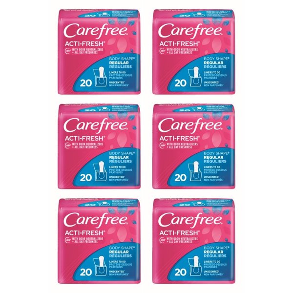 Carefree Acti-Fresh Body Shape Regular to Go Unscented Pantiliners, 20 Count (Pack of 6)