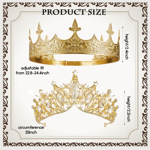 2 Pcs Antique Royal King Crown for Men Baroque Queen Crown for Wedding Birthday Women Crystal Tiara Prom Accessories Graduation Costume Party Hair Accessories(Vivid Style)