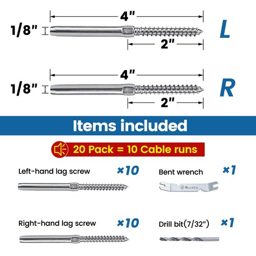 Muzata 20Pack 1/8" Swage Lag Screws Left & Right Cable Railing Hardware Kit Handed Thread for Wood Post T316 Stainless Steel Stair Deck WoodBudget System 10 Pairs CK17