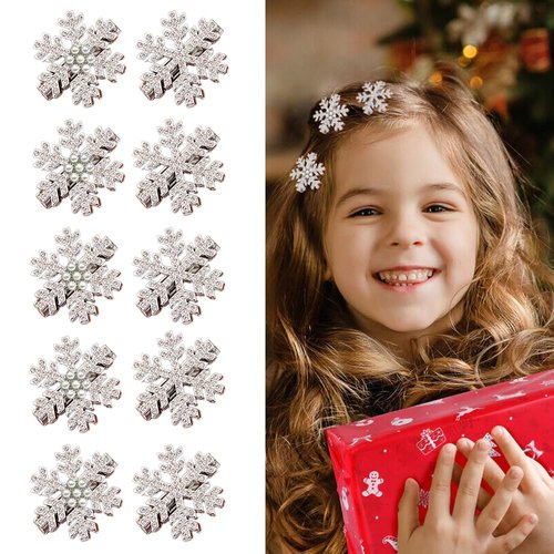 10 Pcs Rhinestone Snowflake Hair Clips Christmas Hair Barrettes Sparkle Silver Hairpins with Pearls Shinny Hair Accessories Small Pearl Alligator Clips for Women Winter Holiday Hair Decoration