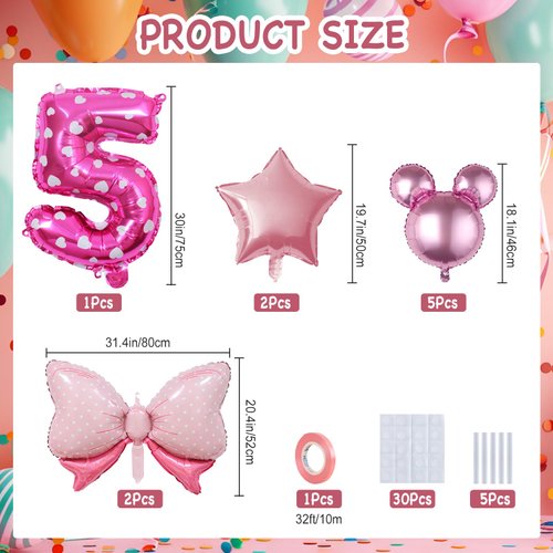 Kaemi 10Pcs Minnie Mouse Balloons Pink Huge Bow Birthday Number Balloons Set Minnie Aluminum Foil Balloons for Baby Shower 5th Birthday Party Decorations