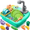Geyiie Mini Toddler Sink Toy, Play Sink with Running Water, Automatic Water Cycle System and 13Pcs Rich Kitchen Accessories, Kids Pretend Role Play Dinosaur Dishwasher Toys for Boys and Girls