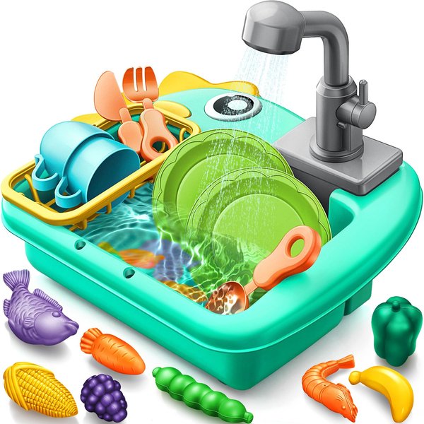 Geyiie Mini Toddler Sink Toy, Play Sink with Running Water, Automatic Water Cycle System and 13Pcs Rich Kitchen Accessories, Kids Pretend Role Play Dinosaur Dishwasher Toys for Boys and Girls