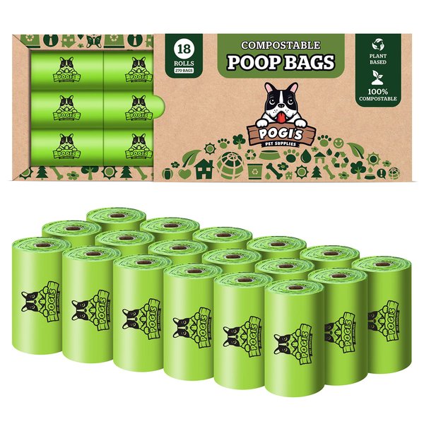 Pogi's Compostable Dog Poop Bags - 18 Rolls (270 Doggie Poop Bags) - Leak-Proof Dog Waste Bags, Plant-based ASTM D6400, EN 13432 Certified Extra Large Poop Bags for Dogs