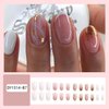 French Tip Press on Nails Short Round Head Almond Fake Nails with Gold Foil Design Full Cover Glue on Nails Pink Acrylic False Nails Glossy Stick on Nails for Women Girls DIY Nail Decorations