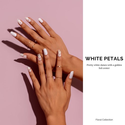 Nailog Semi Cured Gel Nail Strips 34 pcs | Long Lasting Nail Polish Sticker Wraps with Glossy Gel Finish | White Petals