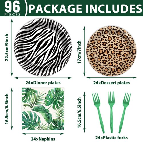 Justforjoyful 96Pcs Jungle Birthday Party Plates and Napkins Safari Animals Party Decorations Disposable Jungle Theme Tableware Dinnerware Set for Wild Animal Safari Zoo Birthday Party Favors Supplies