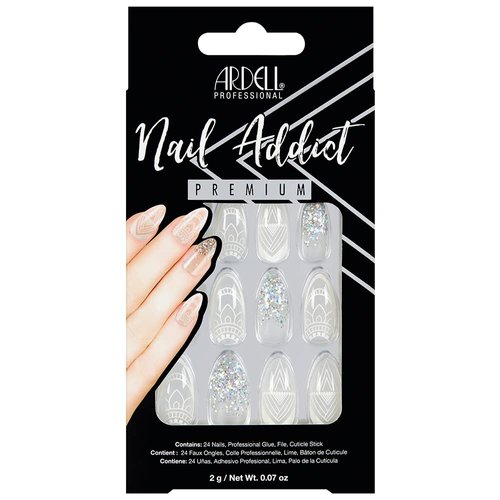 Ardell Nail Addict Premium Artificial Nail Set, Glass Deco, 24-Pc, Medium, Almond-Shape, DIY Press-On Nails, Quick and Easy to Use, with Glue, Cuticle Stick and Nail File