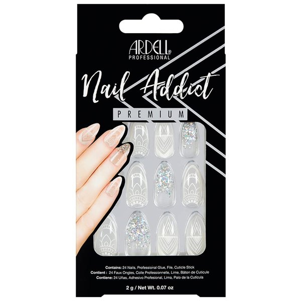 Ardell Nail Addict Premium Artificial Nail Set, Glass Deco, 24-Pc, Medium, Almond-Shape, DIY Press-On Nails, Quick and Easy to Use, with Glue, Cuticle Stick and Nail File
