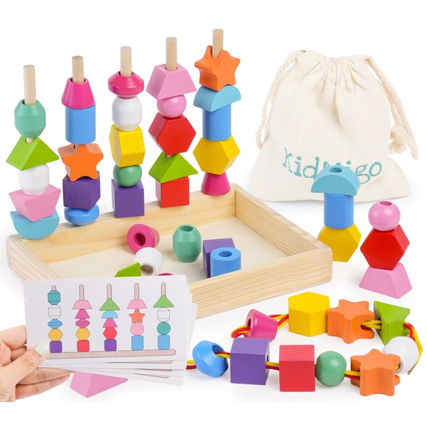 KidMigo Montessori Toys for 3 Year Old, Stacking Toys for Toddlers, Stacking Blocks, Lacing Beads, Matching Shape Preschool Toys, Montessori Toys for 3 4 5 Year Olds with Canvas Storage Bag