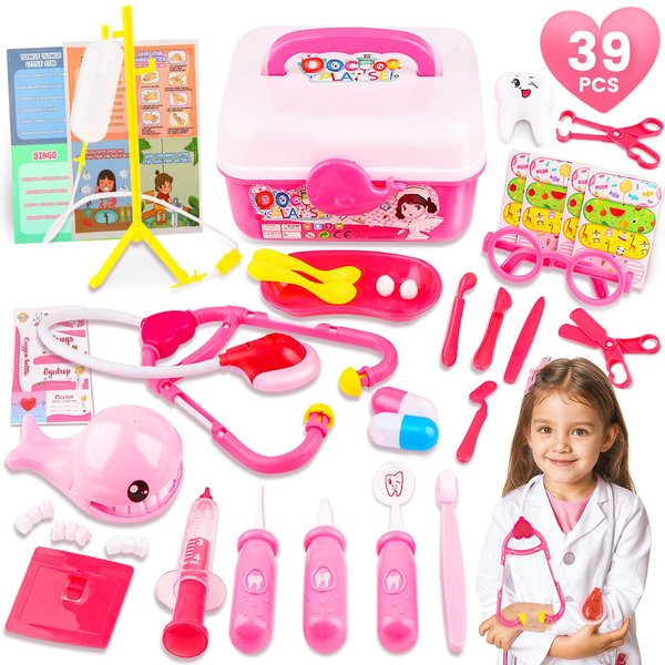 Doctor Kit for Toddlers 3-5, 39Pcs Kids Dentist Play Set, Stethoscope Toy & Doctors Play Set for Toddler, Veterinary Playset Role Pretend Play Medical Gifts for Kids Ages 2 4 6 8 Year Old, Pink