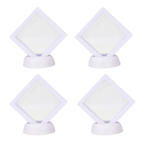 4 Pieces Coin 3D Display Stand Box Set Diamond Square Medallion Challenge Coin Chip Display Stand Holder 3D Floating Frame Display Stand Box for Coin Medallions Jewelry 3.54"x3.54" White