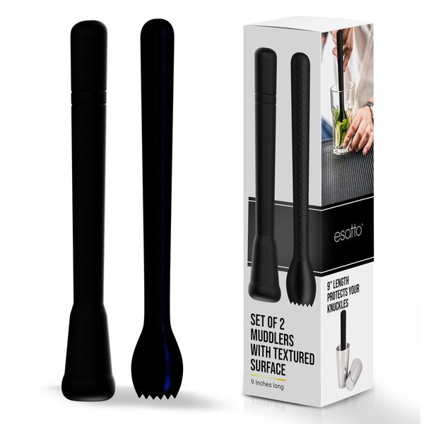 Esatto Professional Bar Tool Muddler 25 CM (9 Inches) Ribbed – Made with ABS Plastic, Black Set of 2 – Durable and Ribbed for Mashing Fruits, Berries, Sugar, Spices, and Herbs