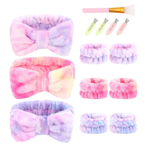 Semato 14 Piece Spa Headband for Washing Face with Wristband and Hair Clips Face Mask Brush Sleepover Party Supplies for Girls Towel Headband (purple tie dye set)