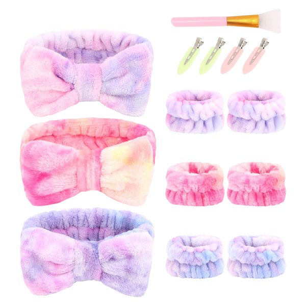 Semato 14 Piece Spa Headband for Washing Face with Wristband and Hair Clips Face Mask Brush Sleepover Party Supplies for Girls Towel Headband (purple tie dye set)