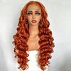 UREMY 13x6 Lace Frontal Reddish Wig 30 Inch Bouncy Curly Synthetic Hair Preplucked with Baby Hair Transparent Swiss Lace Heat Friendly Cooper Ginger Free Part Lace Front Wigs for Women