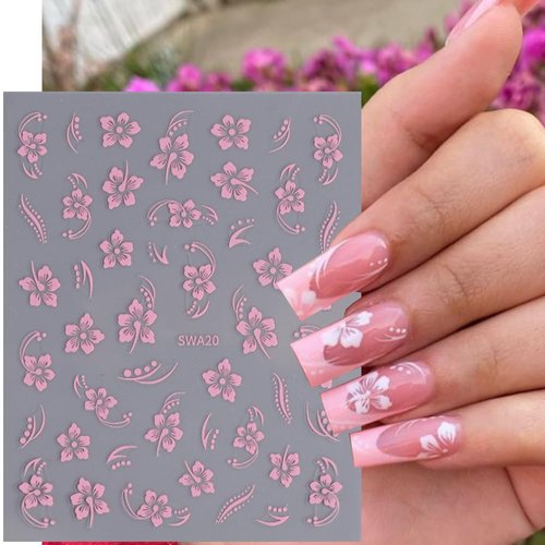 Flowers Nail Art Stickers Rose Pink Hibiscus Flowers Nail Stickers Spring Petals Nail Decals Daisy Nail Art Design Decals for Nail Art Cute Designs Self Adhesive Nail Art Supplies Accessories 4PCS