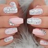 Pink Short Press on Nails Coffin Cute Glitter Sequins Fake Nails with Rhinestones Designs Cream Acrylic Cover Faux Nails Press ons Reusable Glue on Nails for Women Girls Daily Wear 24 Pcs