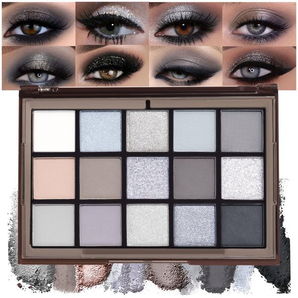 SUAKE 15 Girds Colorful Matte Shimmer Eyeshadow Palette for Eye Makeup,High Pigmented Eye Shadow Primers Powder Palet de sombras de ojos-Grey Black