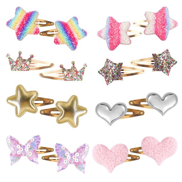 16 Pieces Glitter Hair Clip for Girls, Star/Crown/Heart/Butterfly Shaped Kids Hair Barrettes, Cute Hair Clips Metal Snap Hair Pins Sparkly Hair Styling Accessories for Girls Kids Birthday Gift