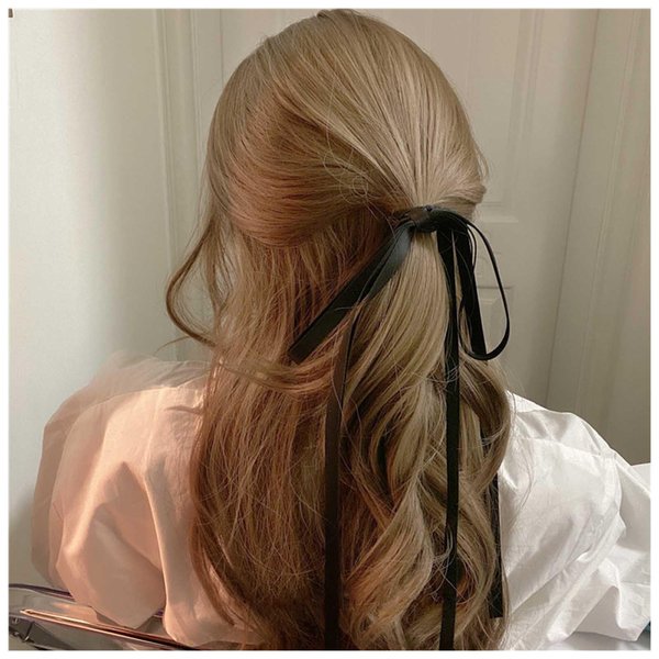 Vacaonio Black Long Ribbon Bow Hair Ties Rope Elastic Silk Satin Bow Hair Scrunchies Rope Ribbon Bow Hair Scrunchies Bowknot Ponytail Holder Hair Tie Decorative Hair Accessories for Women