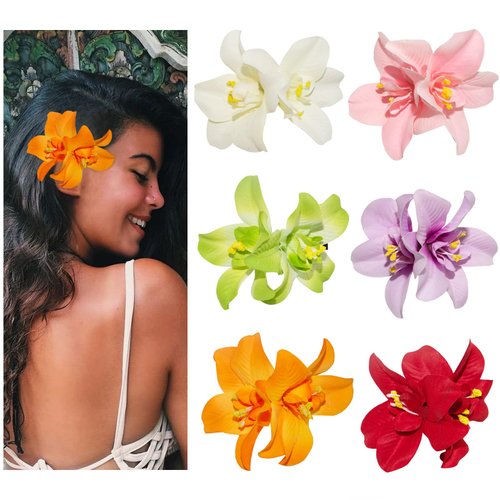 6 Colors Artificial Flower Hair Clips, Bohemian Flower Hairpin Hawaiian Hairpin for Seaside Holiday, 3.5 Inch Bridal Hair Bobby Pins Headwear for Women Girls(Twin Flowers)