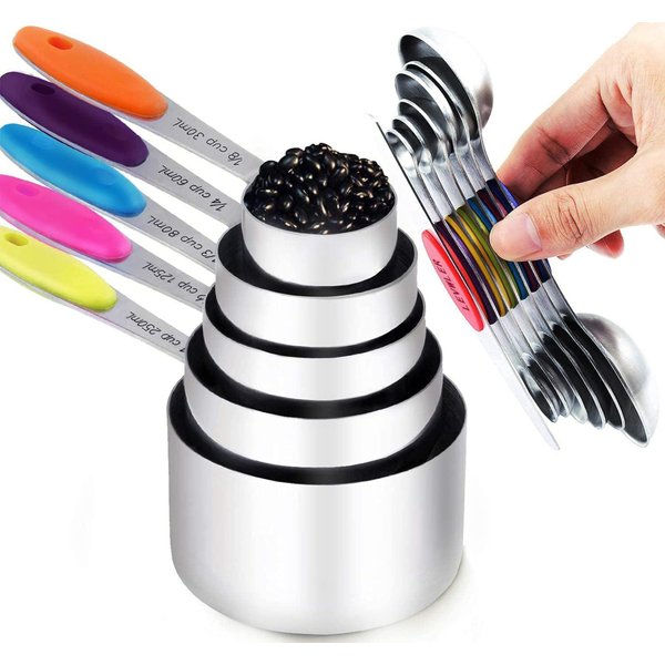 TILUCK measuring cups and magnetic measuring spoons set, stainless steel measuring cups, 6 double-sided stainless steel measuring spoons & 1 leveler