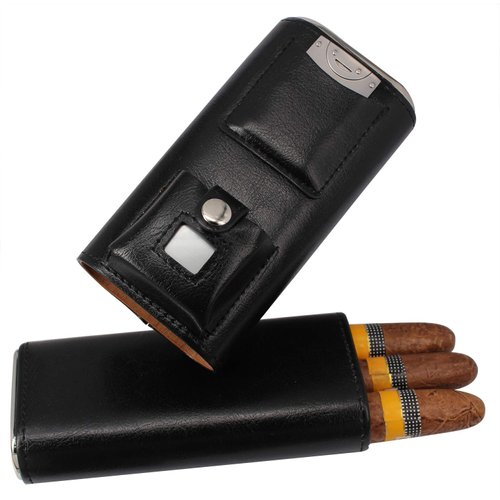 AMANCY Superior 3 Holder Black Leather Cedar Wood Liner Cigar Case Combo Set with Lighter and Cutter Perfect Completed Gift Kit for Cigar Lovers