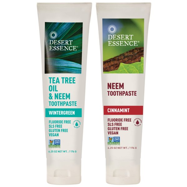 Desert Essence Toothpaste Natural Tea Tree Oil & Neem Toothpaste - 1 Wintergreen & 1 Cinnamint - Baking Soda & Essential Oil - Cleans Teeth & Gums - Refreshing Rich Taste - Tea Tree Oil