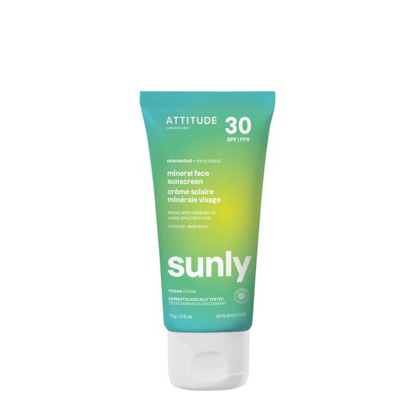 ATTITUDE Mineral Face Sunscreen with Zinc Oxide, SPF 30, EWG Verified, Broad Spectrum UVA/UVB Protection, Dermatologically Tested, Vegan, Unscented, 2.6 Ounces