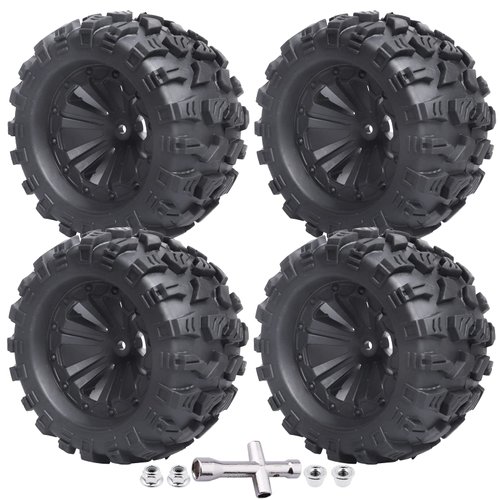 4Pcs 2.8 Preglued Mounted OD 125mm 1/10 RC Truck Tires and Wheels 12mm Hex Hubs for Traxxas Stampede Rustler VXL 4x4 2WD Redcat Volcano EPX Pro Exceed Infinitive