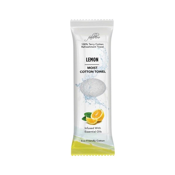 FabbPro Oshibori Moist Terry Cotton Refreshment Towels (25 Pack, 8 x 8 Inches) - White Scented Pre-moistened Essential Oil Infused Towel to Use Hot or Cold - Lemon Scent