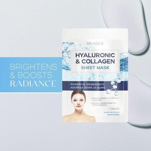 Skin 2.0 Hyaluronic Acid and Collagen Sheet Face Mask - Boosts Moisture, Skin Firming, Reduces Signs of Aging, Hydrating Sheet Mask - Cruelty Free Korean Skin Care For All Skin Types - 5 Masks