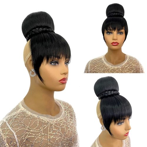VAVANGA Hair Bun and Bang Set 2PCS, Synthetic Quick Bun N Bang Clip in China Bang Hair Clip on Hair Piece Bun with Bangs for Black Women(#1B, J072)