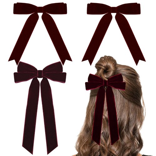 3PCS Velvet Hair Bows 2 Sizes Wine Red Soft Velvet Bow Hair Clips for Women and Girls Long Ponytail Knot Bows Alligator Clip Toddlers Ribbon Accessories
