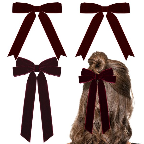 3PCS Velvet Hair Bows 2 Sizes Wine Red Soft Velvet Bow Hair Clips for Women and Girls Long Ponytail Knot Bows Alligator Clip Toddlers Ribbon Accessories