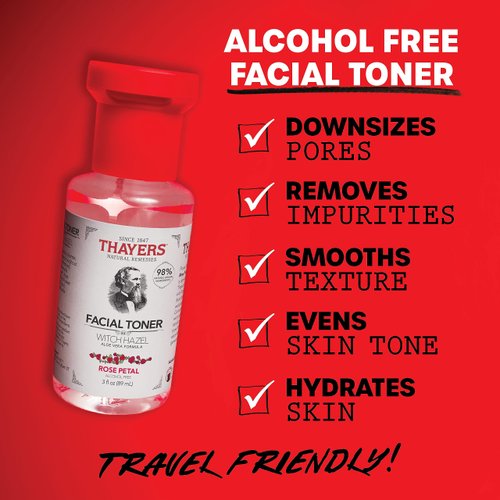 THAYERS AlcoholFree Witch Hazel Facial Toner with Aloe Vera Formula, Clear, Rose Petal, 3 Fl Oz