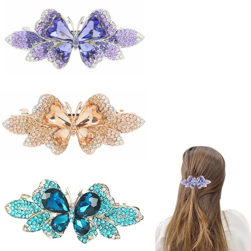 3 PCS Hair Clips for Women Ladies, Butterfly Design Crystal Rhinestones French Barrettes Spring Hair Barrettes Clip,Girl Hair Styling Accessories Side Clip Girl Bangs Clip， for Daily Wear