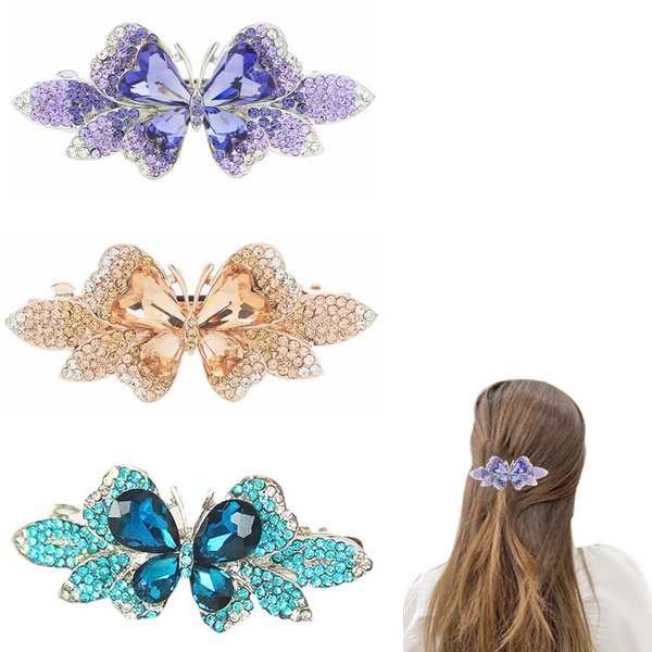3 PCS Hair Clips for Women Ladies, Butterfly Design Crystal Rhinestones French Barrettes Spring Hair Barrettes Clip,Girl Hair Styling Accessories Side Clip Girl Bangs Clip， for Daily Wear