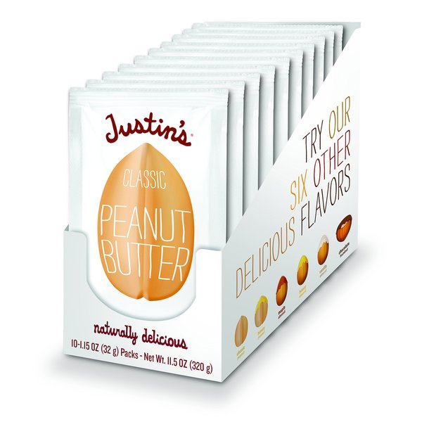 Justin's Classic Peanut Butter Squeeze Packs, Only Two Ingredients, Gluten-free, Non-GMO, Responsibly Sourced, 10 Pack (1.15oz each)
