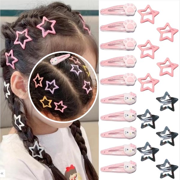 Kawaii Hair Clips Non Slip Cartoon Kitty Hair Pins Star Hair Clips Set Metal Snap Hair Clips Accessories Hair Clips for Women 20 PCS