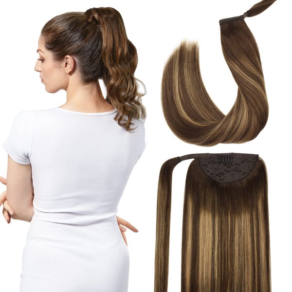GOO GOO Ponytail Extension, Long Straight Wrap Around Clip in Handmade Real Human Hair for Women,Hair Piece Pony Tail Hair Extensions Hairpieces for Girls,Chocolate Brown to Caramel Blonde 80g 18inch