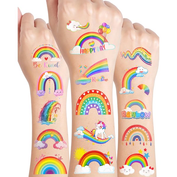 170 Pieces Rainbow Temporary Tattoos Stickers,20 Sheets Rainbow Cloud Sun Themed Tattoos Stickers Party Decoration favors for Kids Girl Boys Birthday Baby Shower Party Decoration Supplies