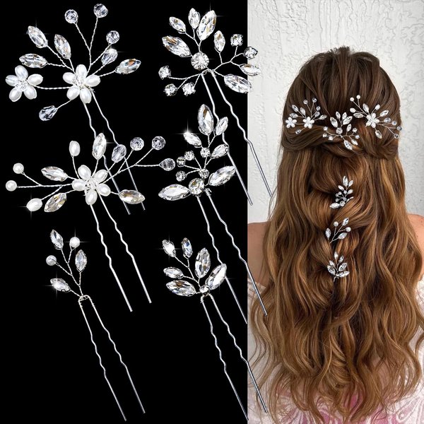 6 Pieces Bridal Wedding Hair Pins Crystal Hair Clips Pearl Hair Accessories Flower Headpiece Rhinestone Hair Forks for Bride Bridesmaids Women Girls