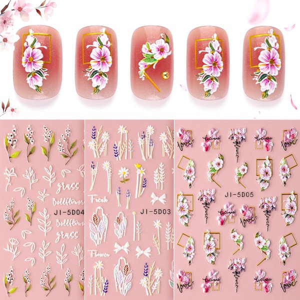 5D Flower Nail Stickers for Nail Art, 3 Sheets Embossed Nail Decals Self Adhesive Nail Art Stickers, Pink White Floral Leaf Cherry Blossom Nail Decorations Accessories for Women Girls Spring Summer