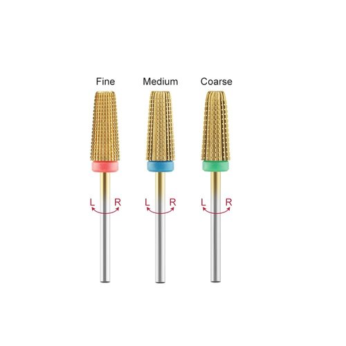 3Pcs Gold Carbide 5 in 1 Nail Drill Bit Set,Drill Bits for Nail,Carbide Nail Drill Bits,3/32 Inch Nail Bits for Nail Drill,Two Way Rotate Use for Both Left and Right Handed(F,M,C)