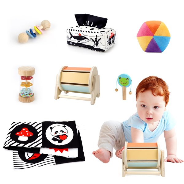 Montessori Toys for Babies 0-6 Months, 7 in 1 Learning Educational Set Newborn Toys 6-12 Months, Rainbow Ball, Baby Black and White Books, Tissue Box Toy, Spinning Drum, Rattle Toy