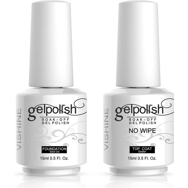 Vishine Soak Off Base Coat + No Wipe Top Coat Set Quick Dry Long Lasting Shine High Gloss Mirror Effect Nail Art 15ML Each Bottle